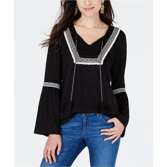 Style & Co. Tops - Style & Co Embroidered-Trim Solid Peasant Top Deep Black S